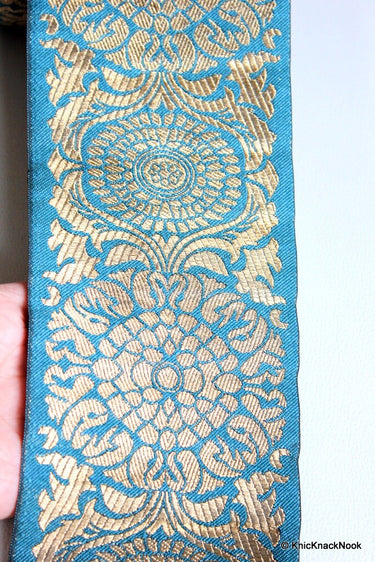 Green Fabric Trim With Gold Embroidery, Approx. 10.2 cm Wide